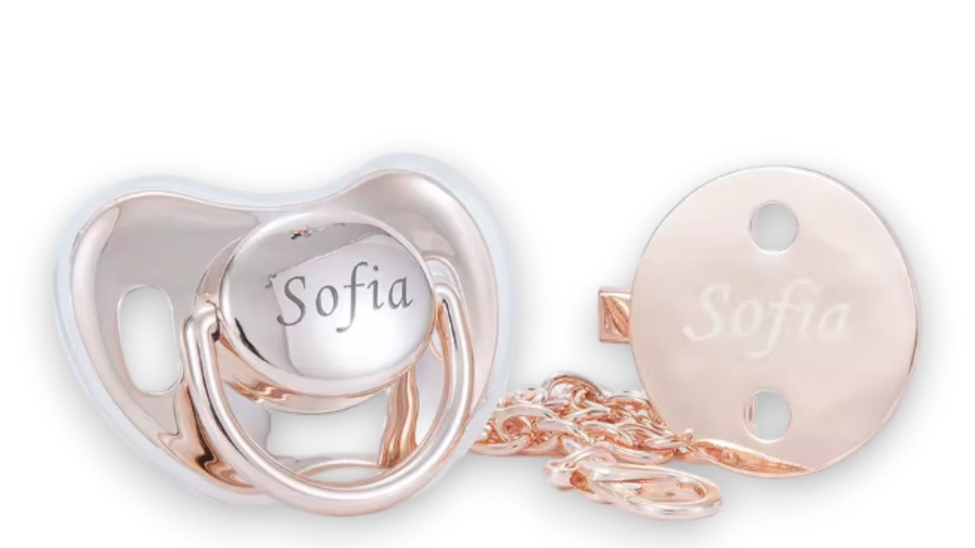 Personalisierter Bling Schnuller aus Rose Gold mit Schnuller-Clip – Glanz und Stil für Ihr Baby