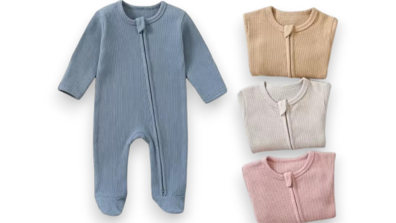 Baby Strampler aus Bio-Baumwolle – Waffelmuster, Reißverschluss, Langarm Pyjama für Jungen & Mädchen, 100% Baumwolle