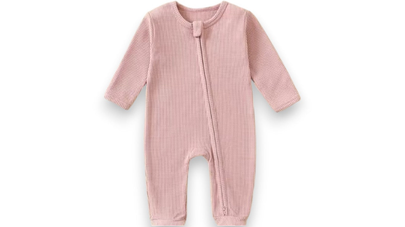 Baby Strampler aus Bio-Baumwolle – Waffelmuster, Reißverschluss, Langarm Pyjama für Jungen & Mädchen, 100% Baumwolle