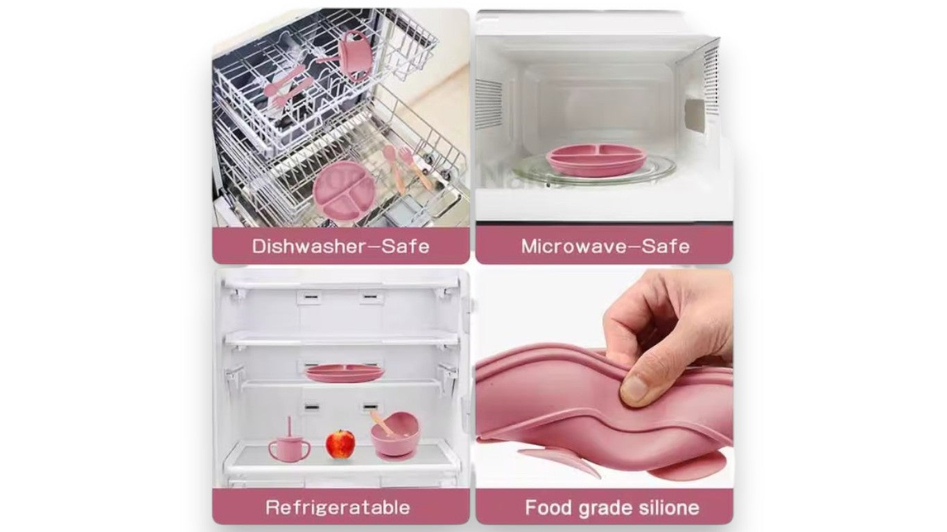Kinder BPA-frei Silikon Baby Fütterungsset – 4-teiliges Set mit Cartoon-Design, Saugplatte, Schüssel, Löffel, Gabel & Schnabeltasse