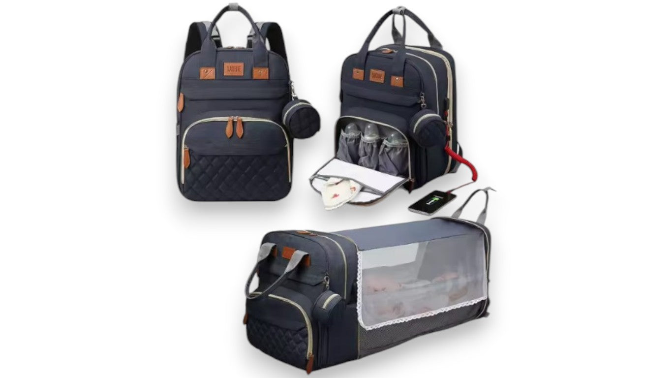 3-in-1 Wickeltasche Rucksack – Faltbare, wasserdichte Reisetasche mit USB-Aufladung und integriertem Wickelbett