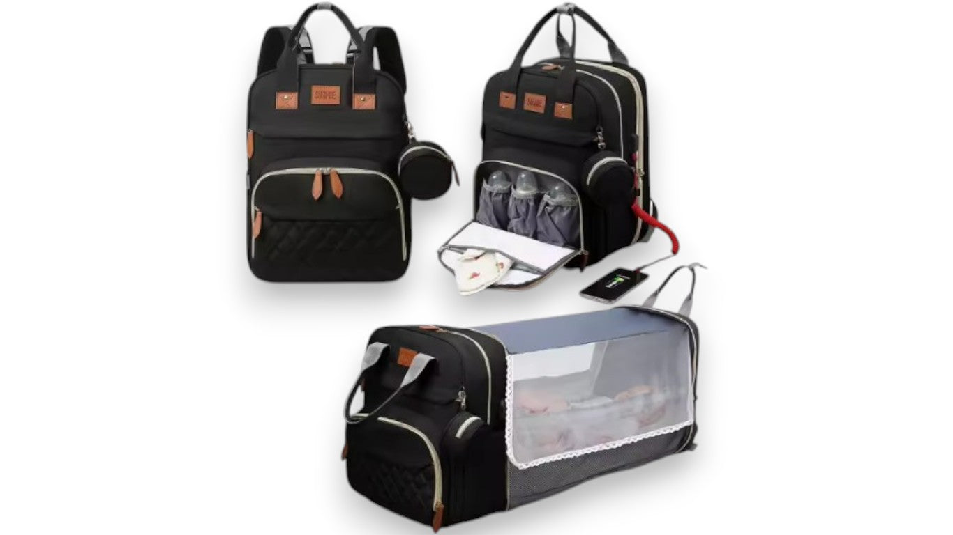 3-in-1 Wickeltasche Rucksack – Faltbare, wasserdichte Reisetasche mit USB-Aufladung und integriertem Wickelbett