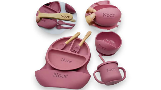 Kinder BPA-frei Silikon Baby Fütterungsset – 4-teiliges Set mit Cartoon-Design, Saugplatte, Schüssel, Löffel, Gabel & Schnabeltasse